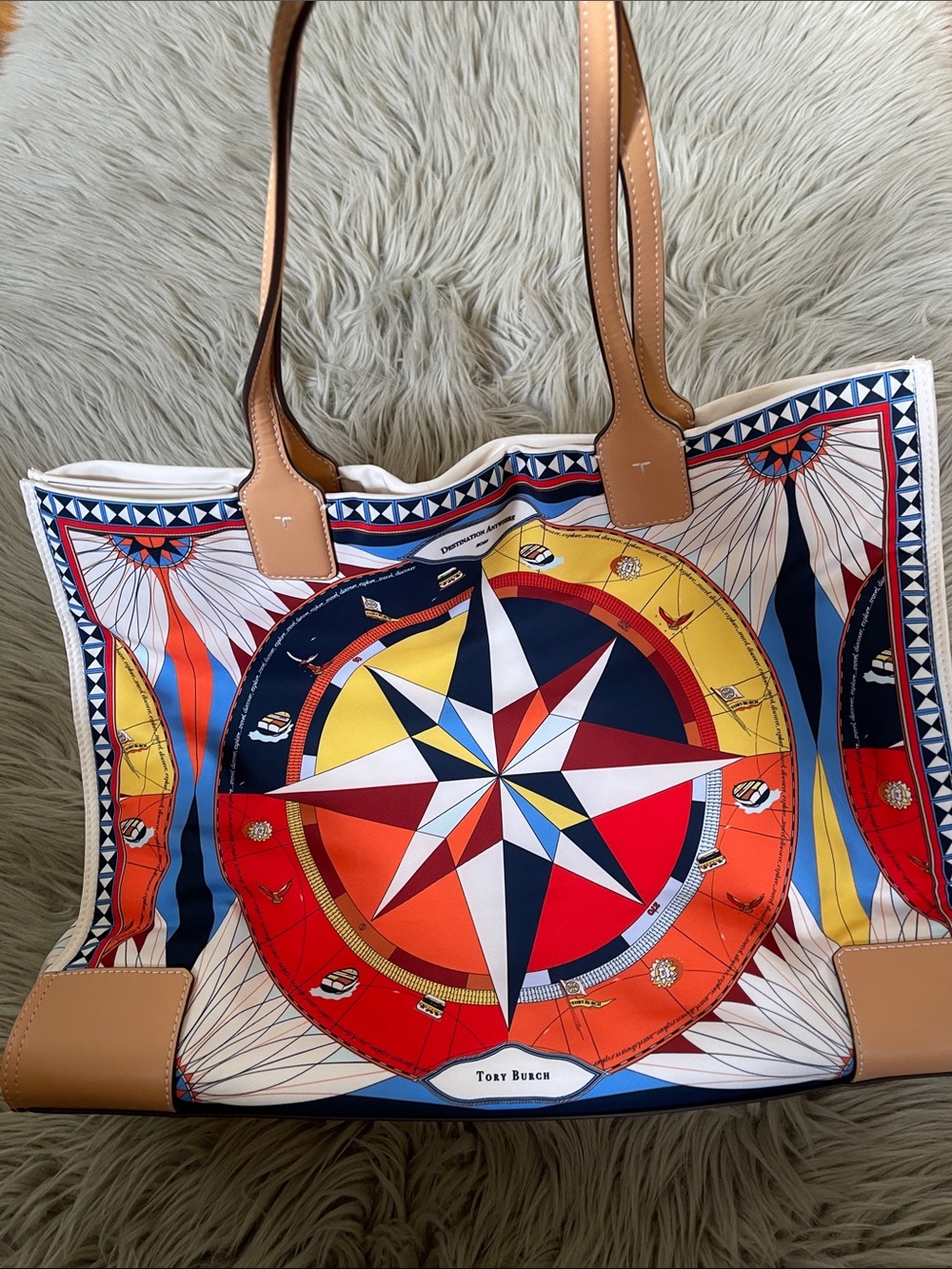 Tory Burch Multicolor Compass Graphic Tote with Tan Leather Handles - Picture 5 of 13